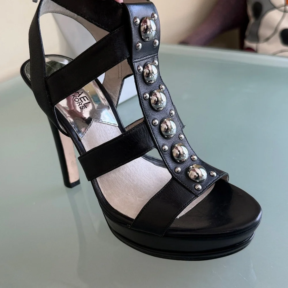 Michael Kors Black Leather Stiletto Sandals Size 9 Silver Studded Platform Heels